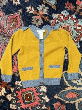 Bonpoint Mustard Cardigan with Gray Trim